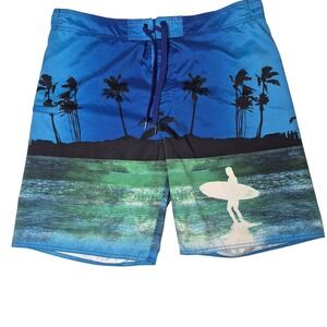 Joe Boxer Swim Trunks Mens Large Blue Surf Beach Palm Tree Board Shorts